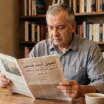 Homme algérien lisant le journal Elchorouk à son bureau à domicile
