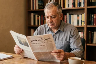 Homme algérien lisant le journal Elchorouk à son bureau à domicile