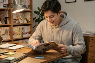 Jeune homme lisant un manga One Punch Man assis à son bureau avec une expression passionnée