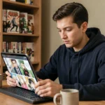 Jeune homme lisant des scans de manga sur une tablette dans un bureau à domicile