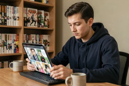Jeune homme lisant des scans de manga sur une tablette dans un bureau à domicile