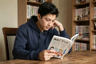 Jeune homme lisant un volume officiel de One Piece à son bureau, illustrant l'expérience de lecture du scan officiel