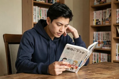 Jeune homme lisant un volume officiel de One Piece à son bureau, illustrant l'expérience de lecture du scan officiel