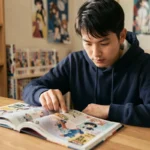 Jeune homme lisant le scan One Piece en version française sur un bureau en bois entouré de mangas