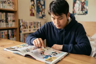 Jeune homme lisant le scan One Piece en version française sur un bureau en bois entouré de mangas