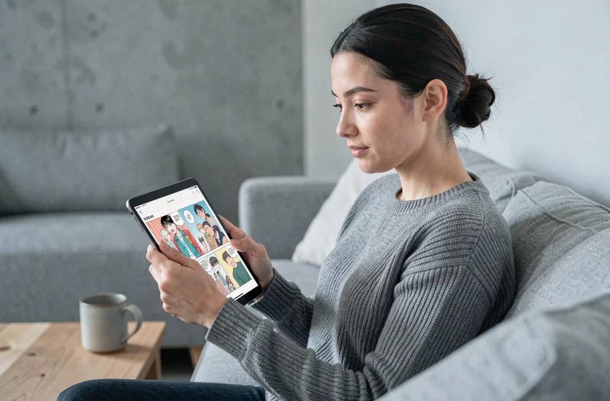 Femme lisant le scan officiel de One Piece sur tablette dans un salon moderne, expérience de lecture numérique officielle