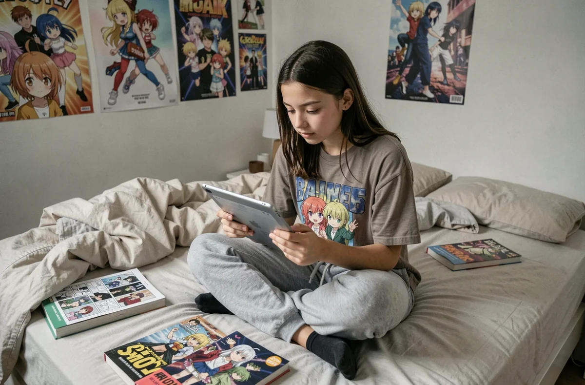 Adolescente lisant le scan One Punch Man en ligne sur une tablette dans sa chambre décorée de posters manga
