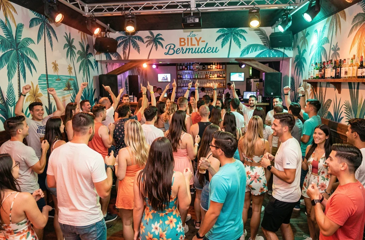 Ambiance tropicale et festive du club Les Bermudes à Billy-Berclau avec décor île et foule dansante colorée