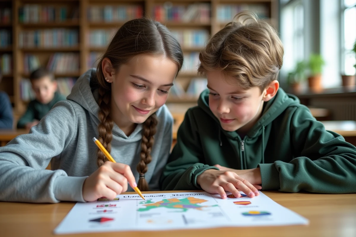 Deux lycéens étudiant un document sur les Länder allemands dans une bibliothèque scolaire