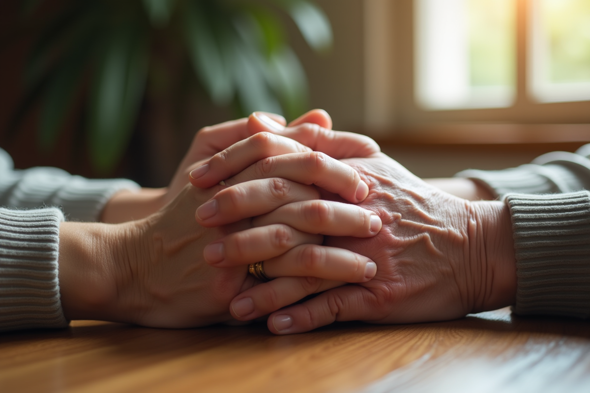 Mains de personnes agees entrelacees sur une table en bois