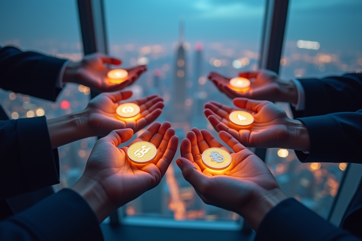 Mains tenant des jetons blockchain lumineux au-dessus de la ville