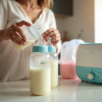 Jeune maman versant du lait maternel dans des bouteilles étiquetées dans la cuisine