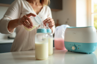 Jeune maman versant du lait maternel dans des bouteilles étiquetées dans la cuisine