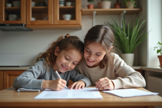 Femme et fille remplissant des papiers à la maison