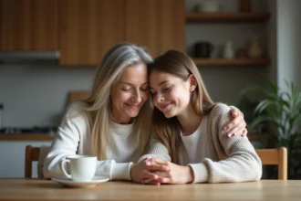 Mère et fille se réconfortent à la cuisine avec douceur