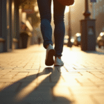 Personne marchant rapidement sur trottoir ensoleille en ville