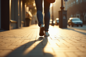 Personne marchant rapidement sur trottoir ensoleille en ville