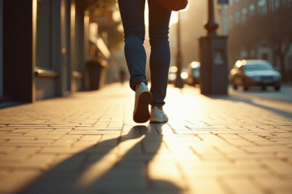 Personne marchant rapidement sur trottoir ensoleille en ville