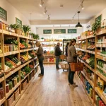 Intérieur d'un magasin bio en Essonne avec des rayons de produits naturels et des clients qui font leurs courses