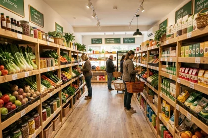 Intérieur d'un magasin bio en Essonne avec des rayons de produits naturels et des clients qui font leurs courses