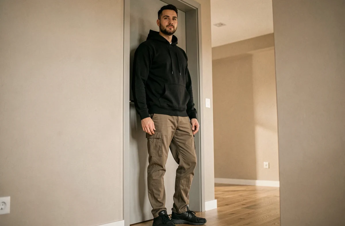 Homme de grande taille en sweat noir debout près d'un encadrement de porte dans un appartement moderne, pour illustrer ses mensurations et sa hauteur réelle