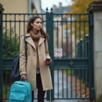 Mère devant l'école fermée pendant une grève des enseignants, tenant le sac à dos de son enfant
