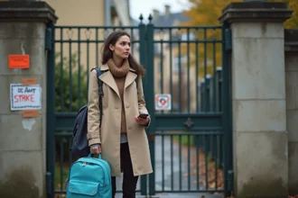 Mère devant l'école fermée pendant une grève des enseignants, tenant le sac à dos de son enfant