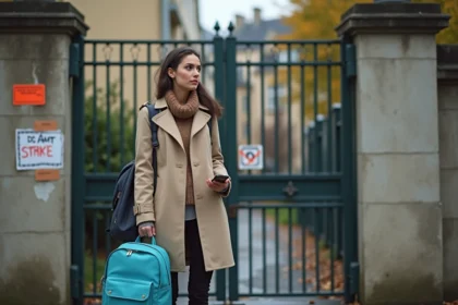 Mère devant l'école fermée pendant une grève des enseignants, tenant le sac à dos de son enfant