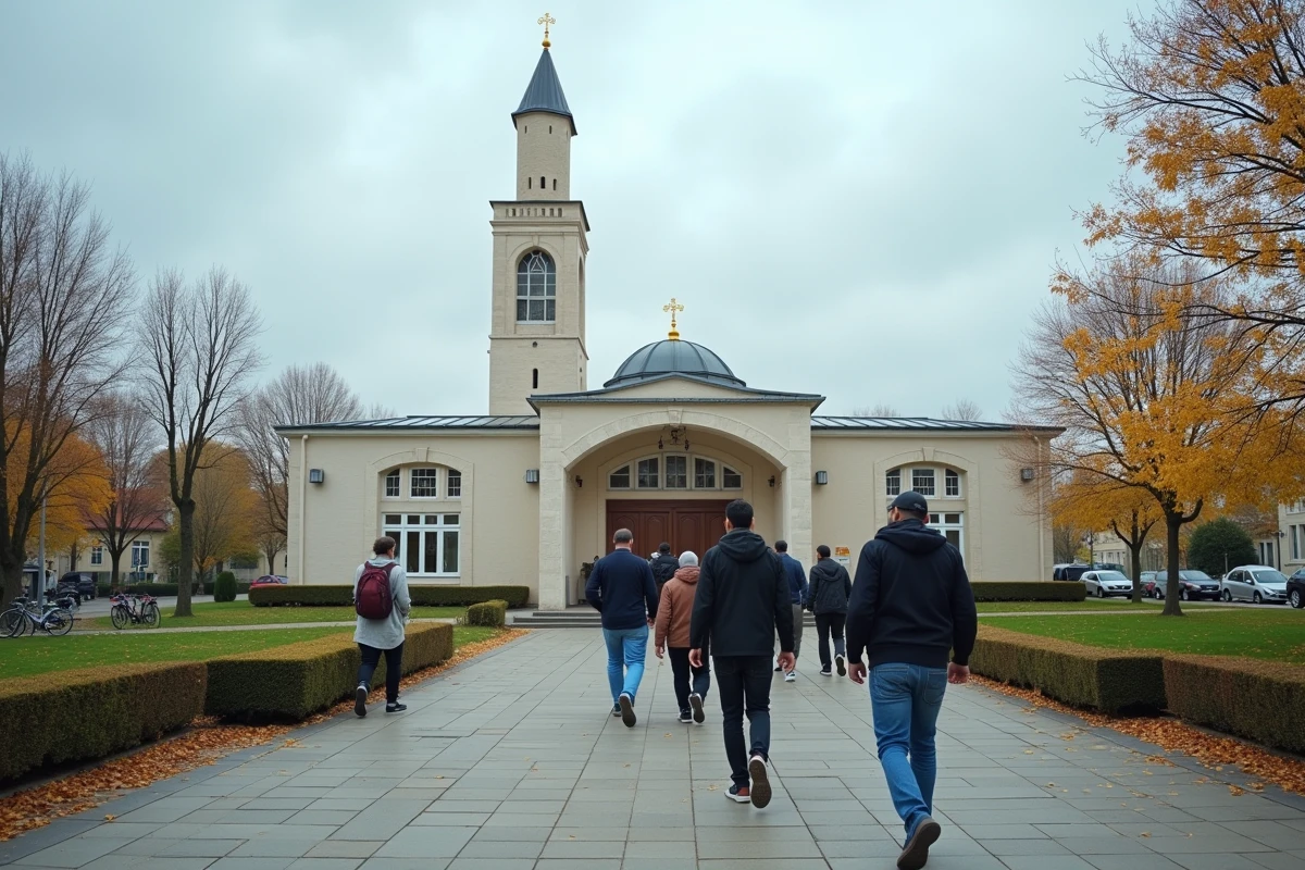 Fidèles arrivant à la mosquée en banlieue française lors du changement d'heure saisonnier
