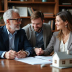 Notaire en costume discutant avec un couple dans un bureau moderne