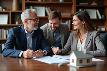 Notaire en costume discutant avec un couple dans un bureau moderne