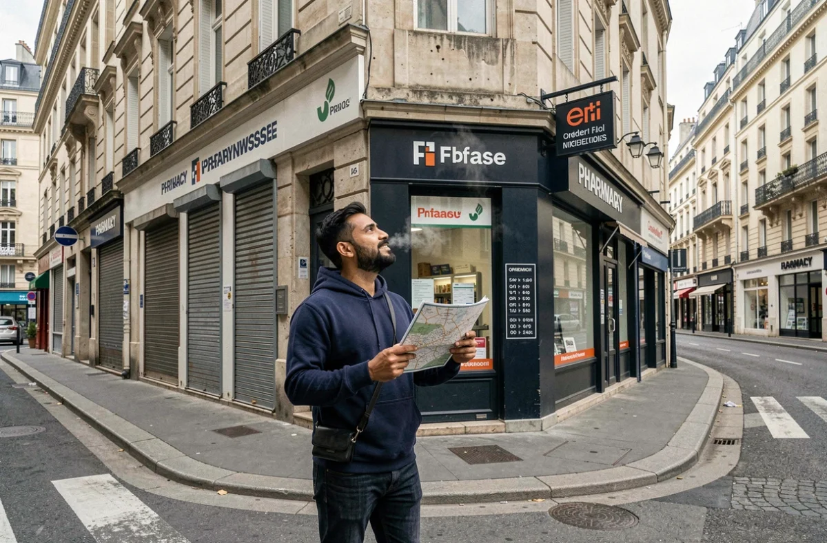 Homme nouvel arrivant repérant une pharmacie ouverte dans une rue commerçante française avec une carte et un café à la main