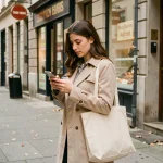 Jeune femme consultant son smartphone devant des commerces de quartier pour trouver les boutiques ouvertes près de chez elle