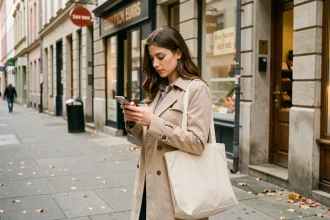 Jeune femme consultant son smartphone devant des commerces de quartier pour trouver les boutiques ouvertes près de chez elle