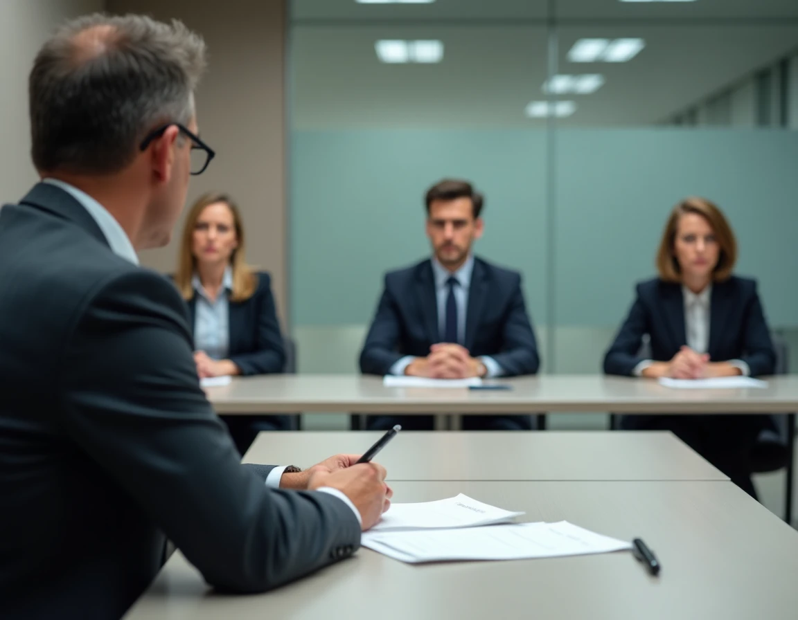 Candidat passant un oral devant un jury dans une salle d'examen institutionnelle formelle