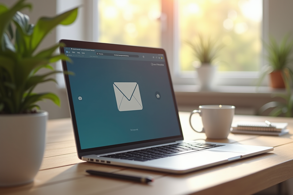 Ordinateur portable sur un bureau en bois dans un bureau lumineux