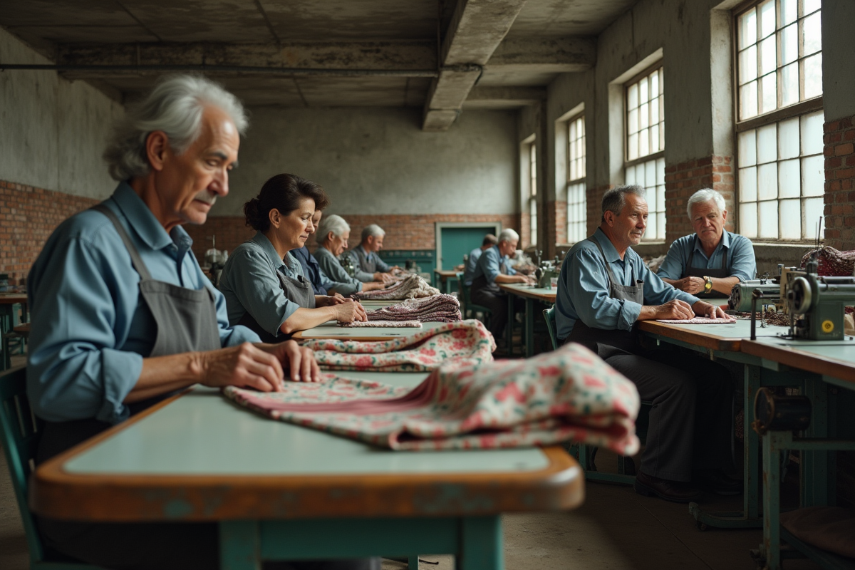 Travailleurs en atelier textile vintage assemblant des vêtements