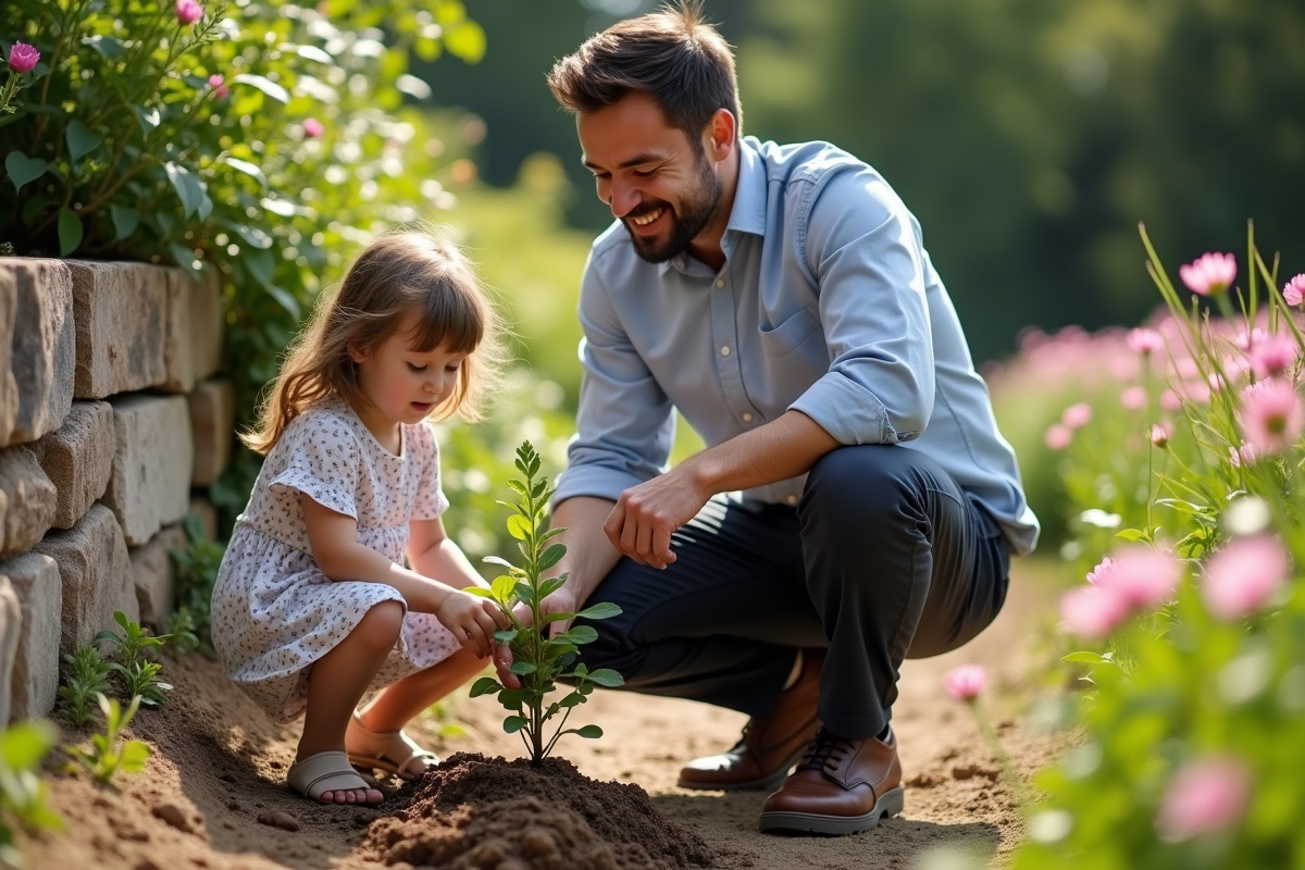 Père et fille plantant un arbre dans un jardin ensoleille