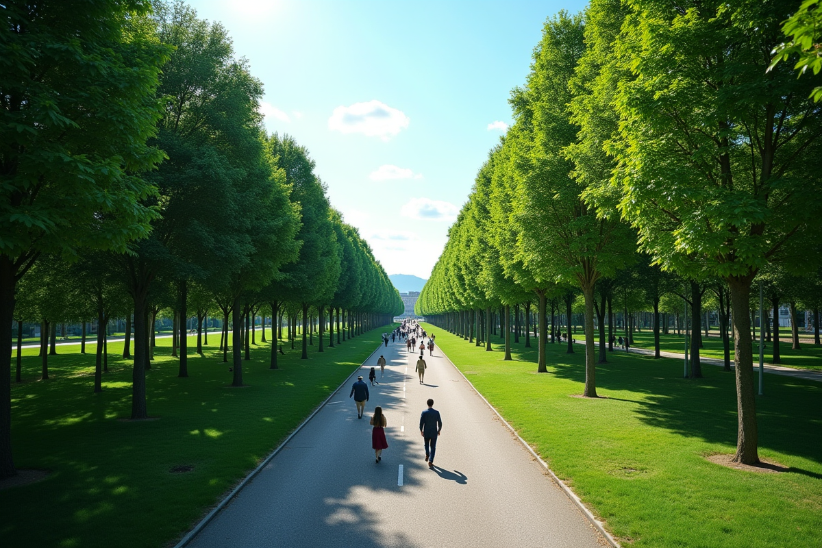Vue panoramique d un chemin de parc avec des piétons