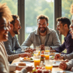Groupe souriant dégustant un petit déjeuner riche en vitamine B12
