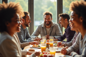 Groupe souriant dégustant un petit déjeuner riche en vitamine B12