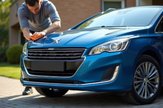 Voiture Peugeot 408 bleue en nettoyage de la grille