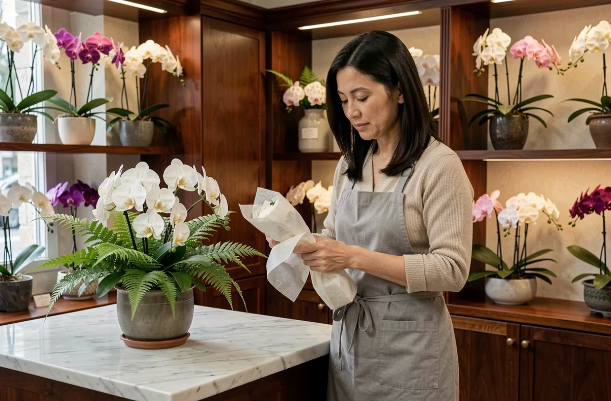 Boutique Pleione fleuriste avec des orchidées rares et des arrangements botaniques sur des étagères en bois laqué