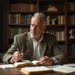 Poète homme assis à son bureau en lecture contemplative