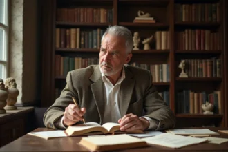 Poète homme assis à son bureau en lecture contemplative