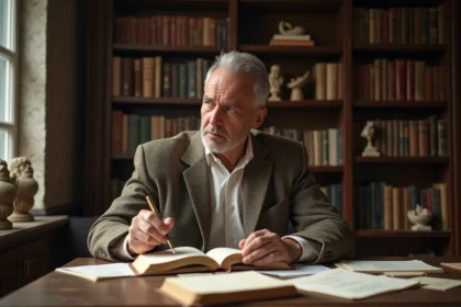Poète homme assis à son bureau en lecture contemplative