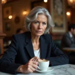 Portrait intimiste d'une femme mature au regard pensif attablée dans une brasserie parisienne, évoquant la discrétion et la vie privée d'une personnalité publique