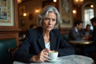 Portrait intimiste d'une femme mature au regard pensif attablée dans une brasserie parisienne, évoquant la discrétion et la vie privée d'une personnalité publique