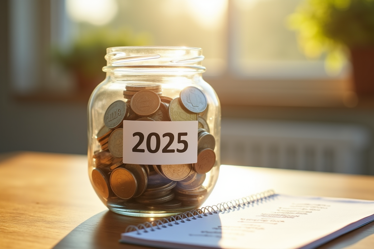 Pot de économies avec pièces et billets sur une table ensoleillée
