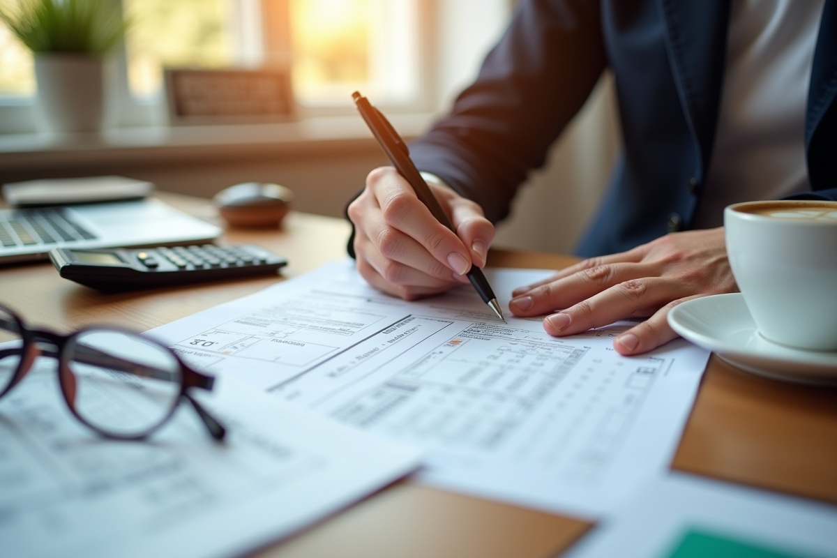 Mains remplissant formulaire fiscal français avec café et calculatrice